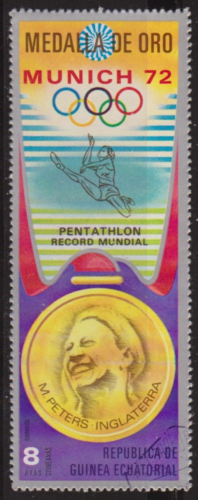 z vendido Guinea Ecuatorial 1972 Michel 167 Sello * Medallas Oro Munich72 Pentathlon M. Peters Inglaterra 8p Guinée Equatoriale Preobliteré Matasello de favor Preobliterado 